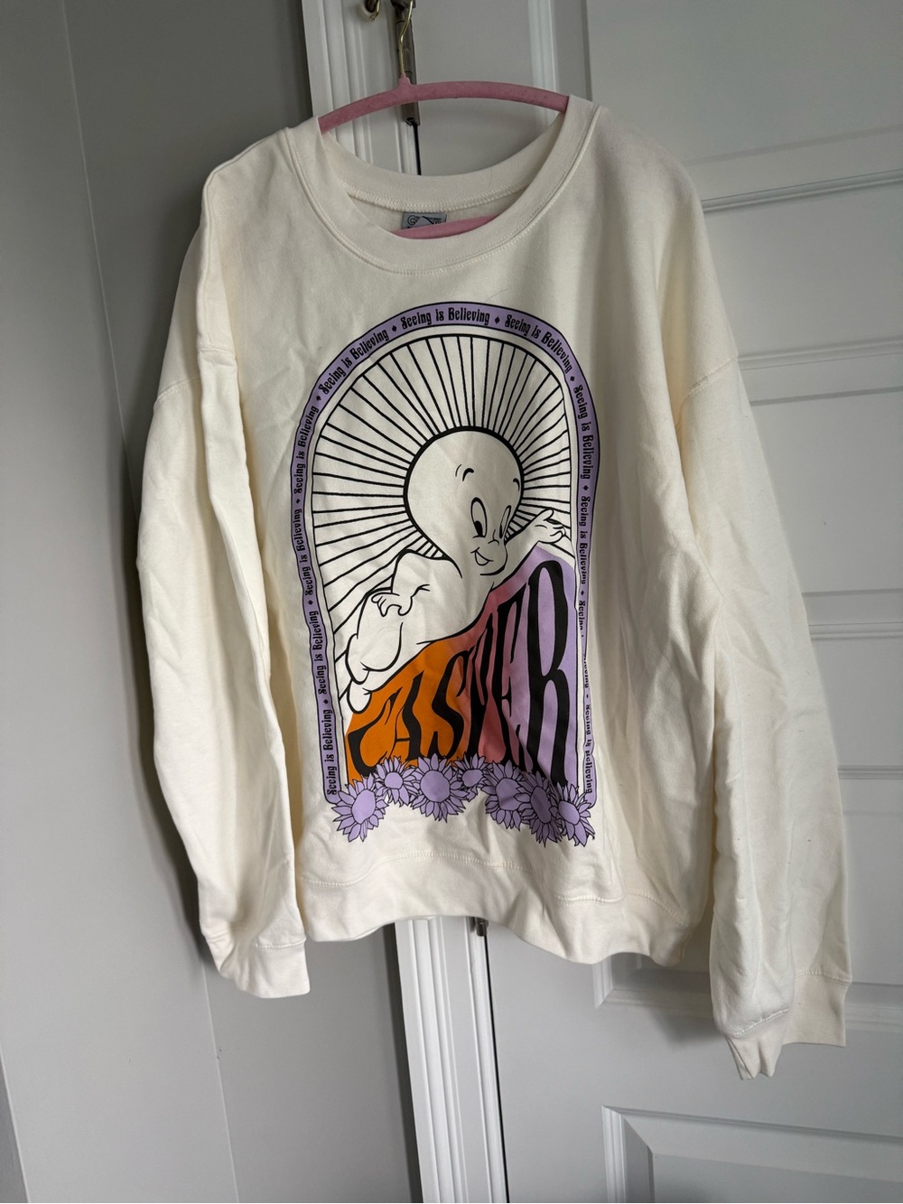 Cream Casper Graphic Crewneck Sweatshirt with Purple & Orange Print XXL